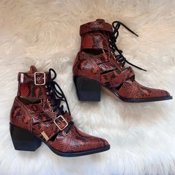 New! CHLOE Rylee Snake-Effect Leather Ankle Boots | Lace-Up Cutout Block Heel - Picture 11 of 16
